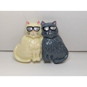 White & Grey Two Cats In Glasses Brooch Pin